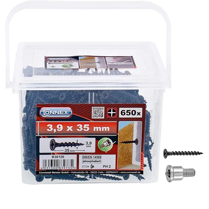 Connex Schnellbauschraube B30126, 3,5 X 35mm, Grobgewinde, Mit Tiefenstopp, 650 Stück 1 Connex Schnellbauschraube B30126, 3,5 X 35mm, Grobgewinde, Mit Tiefenstopp, 650 Stück