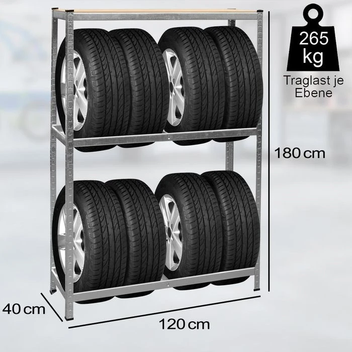 Monzana Reifenregal 104365, 120 X 180 X 40cm, 2 Ebenen & 1 Ablage, 265kg / Ebene, Für 8 Reifen 2 Monzana Reifenregal 104365, 120 X 180 X 40cm, 2 Ebenen & 1 Ablage, 265kg / Ebene, Für 8 Reifen – Bild 2